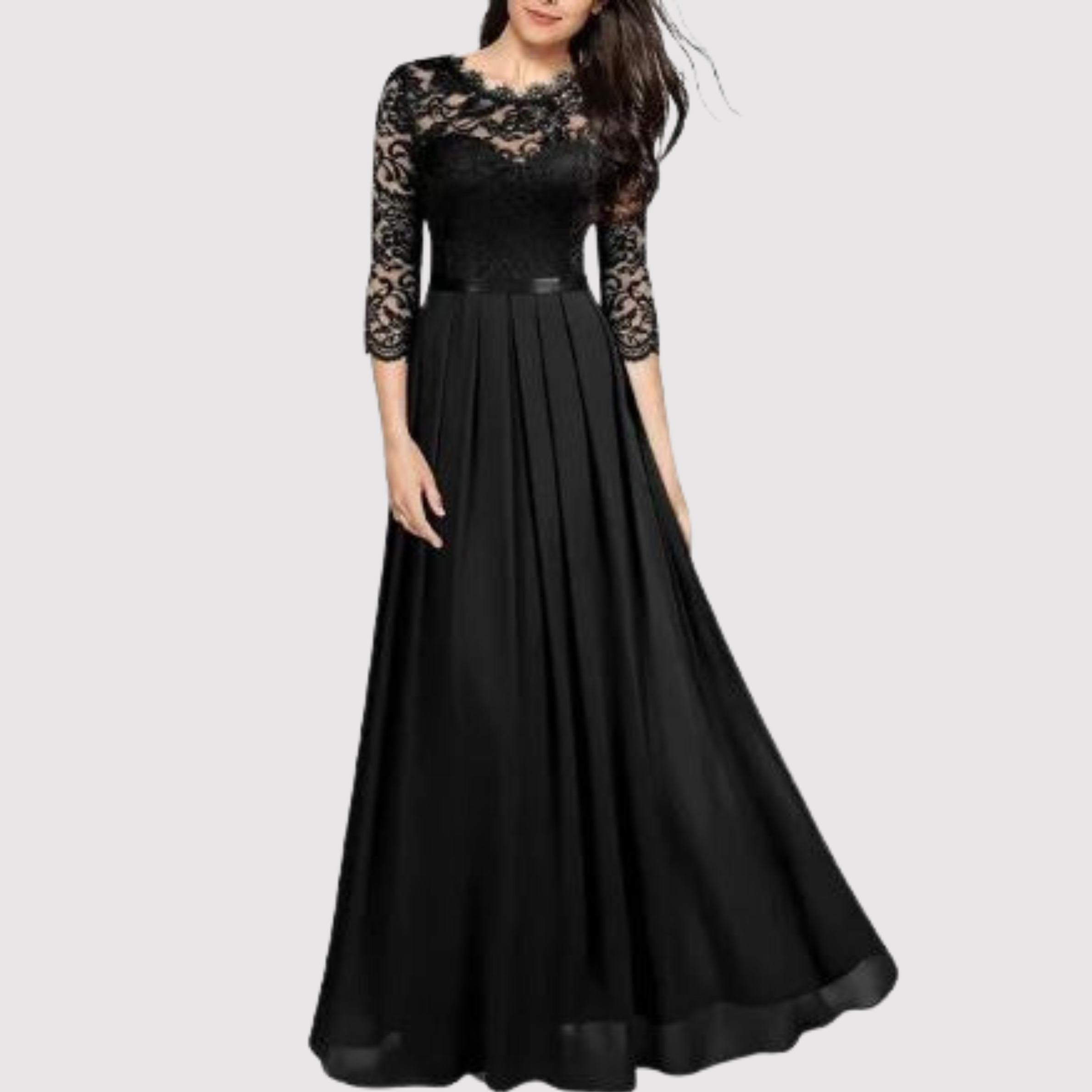 Floral Lace 3/4 Sleeve Scalloped Neck Belted Pleated A-Line Maxi Gown
