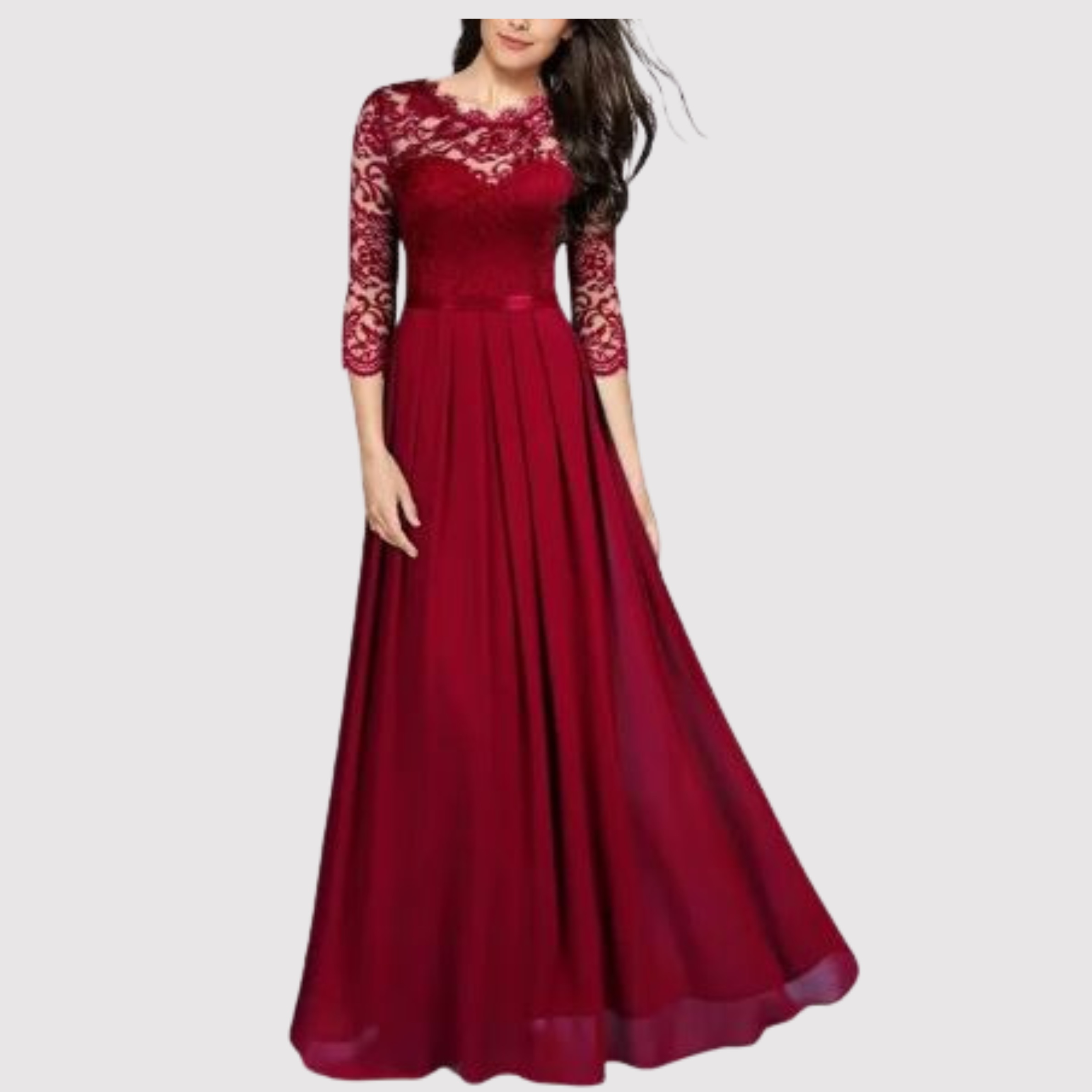 Floral Lace 3/4 Sleeve Scalloped Neck Belted Pleated A-Line Maxi Gown