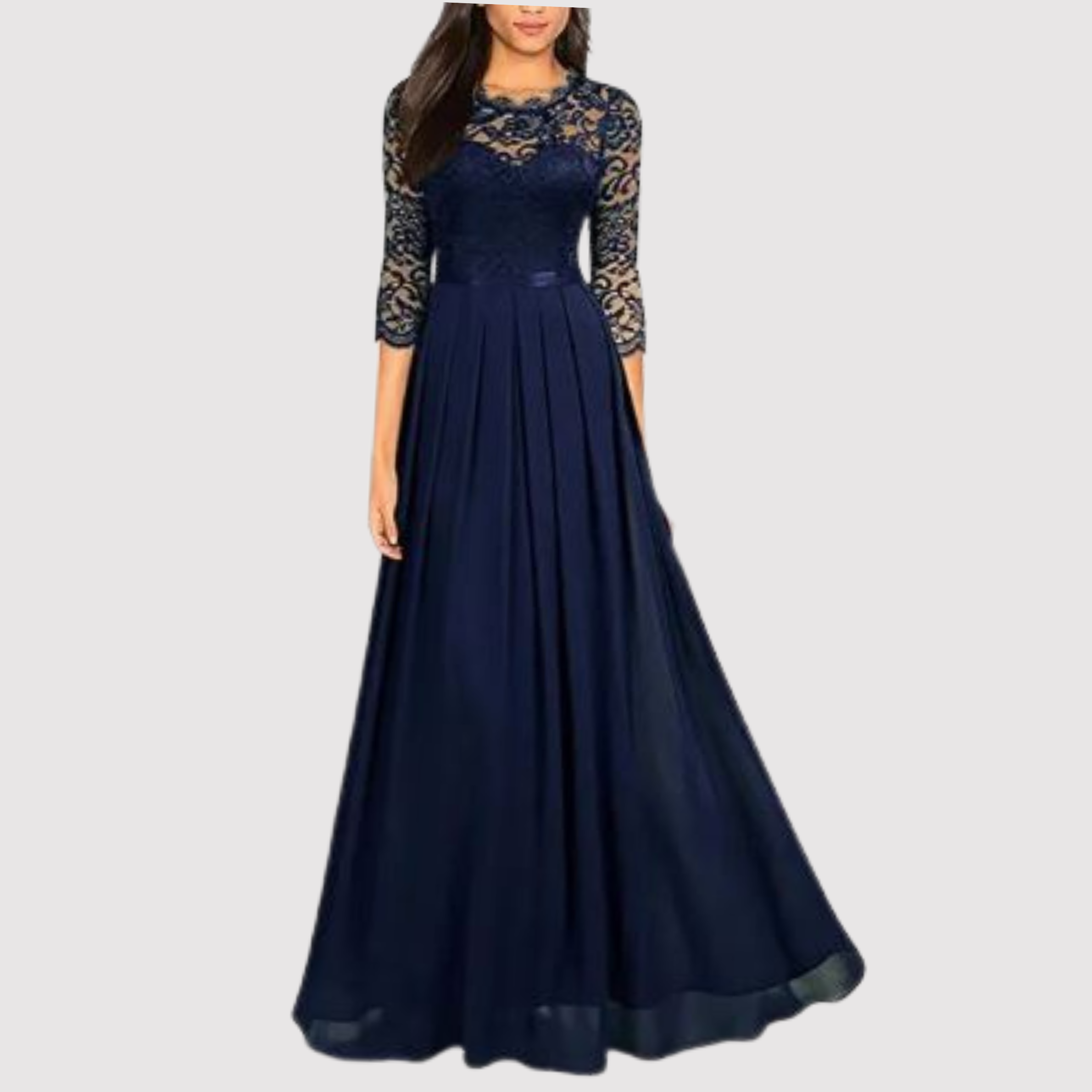 Floral Lace 3/4 Sleeve Scalloped Neck Belted Pleated A-Line Maxi Gown