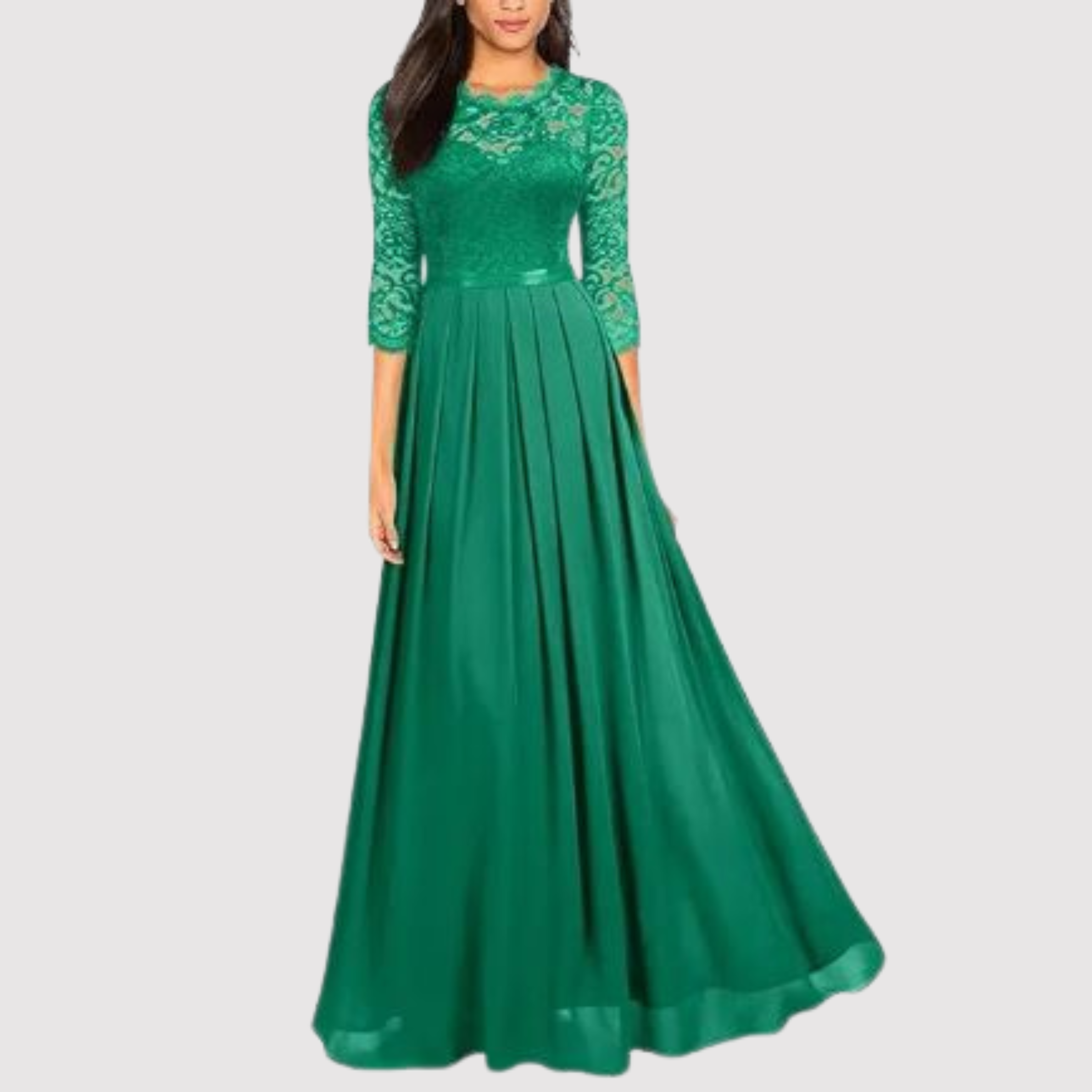 Floral Lace 3/4 Sleeve Scalloped Neck Belted Pleated A-Line Maxi Gown