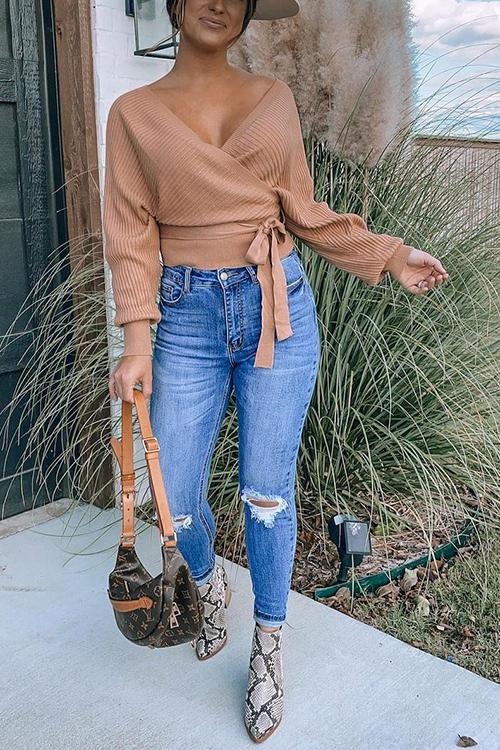 V Neck Backless Crop Sweater