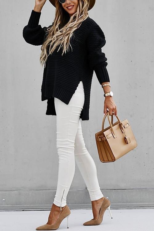 High Neck Side Slit Sweater