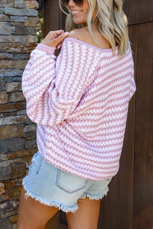 Oversized Stripe V Neck Puff Sleeve Sweater