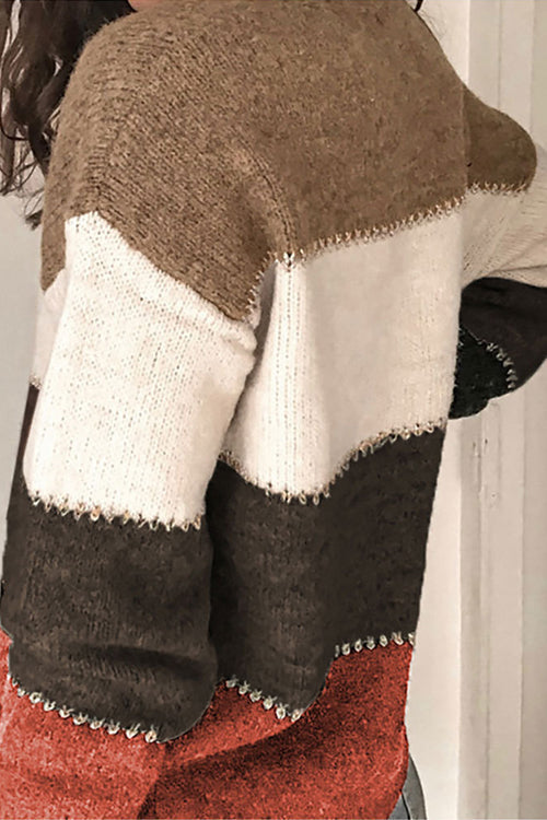 V Neck Button Color Block Cardigan