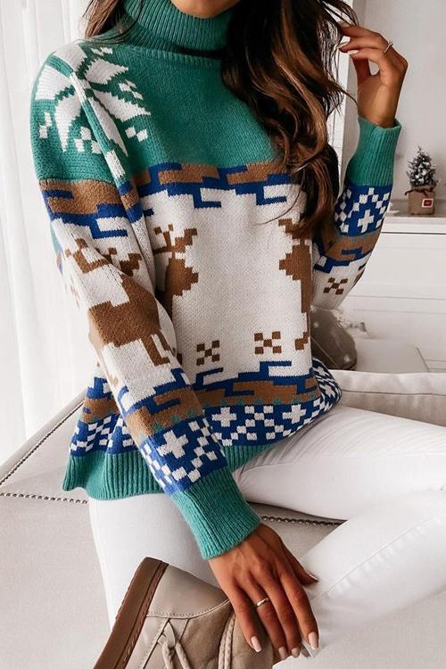 Christmas Color Block Turtleneck Sweater