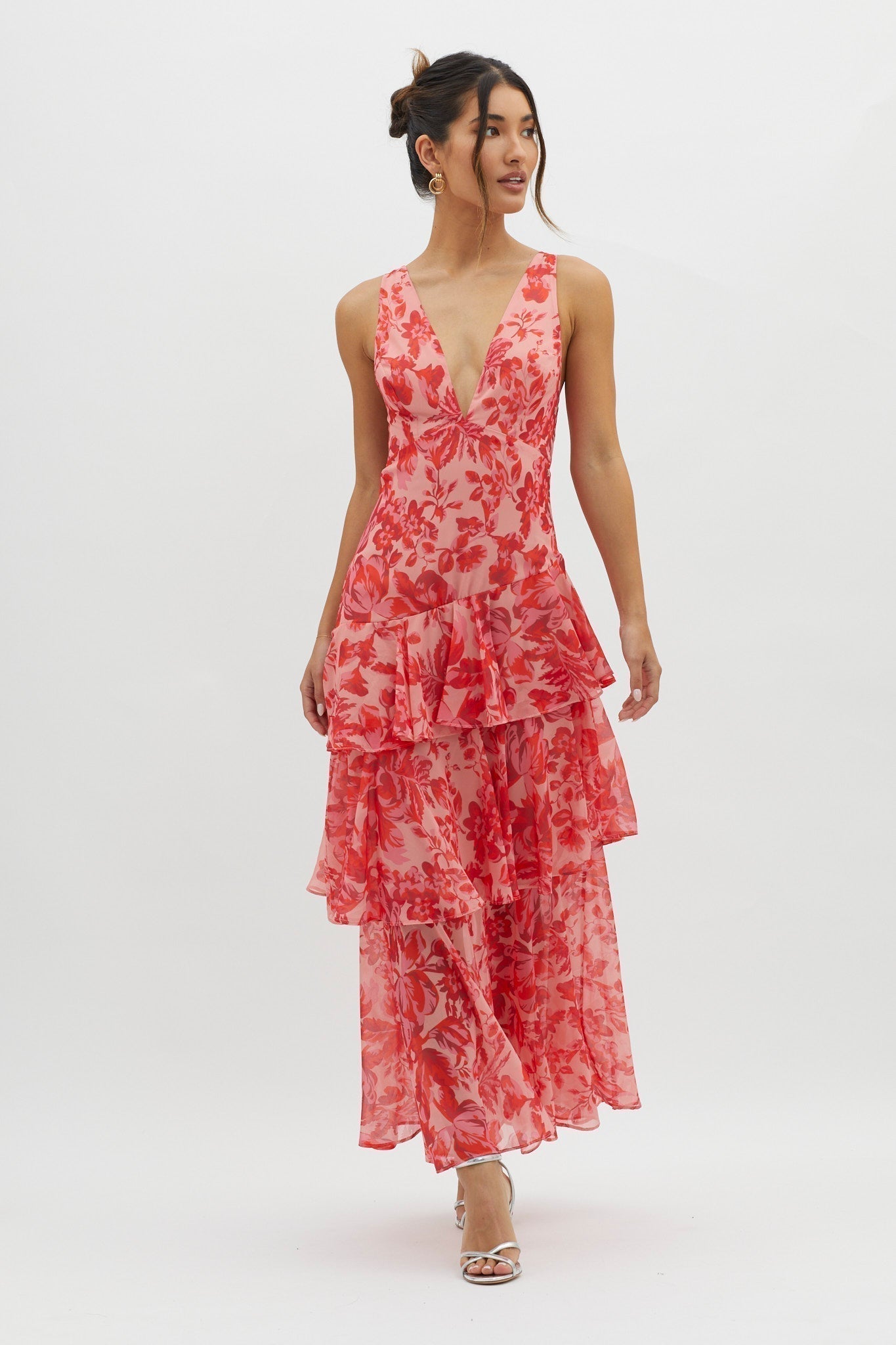 Floral Deep V-Neck Sleeveless Tiered Maxi Dress 5