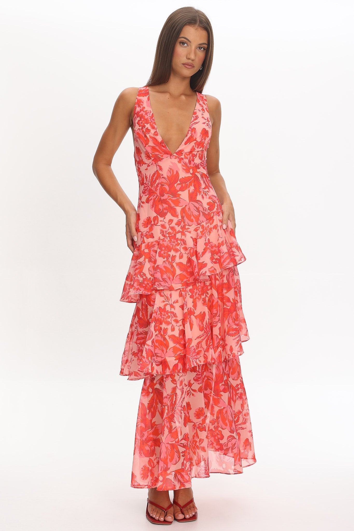 Floral Deep V-Neck Tiered Midi Dress 6
