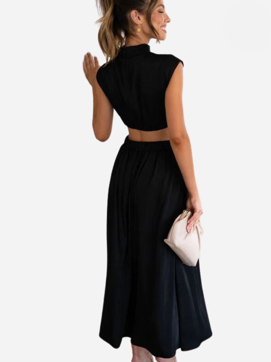 Mock Neck Sleeveless Side Cut Out Pleated A-Line Maxi Dress