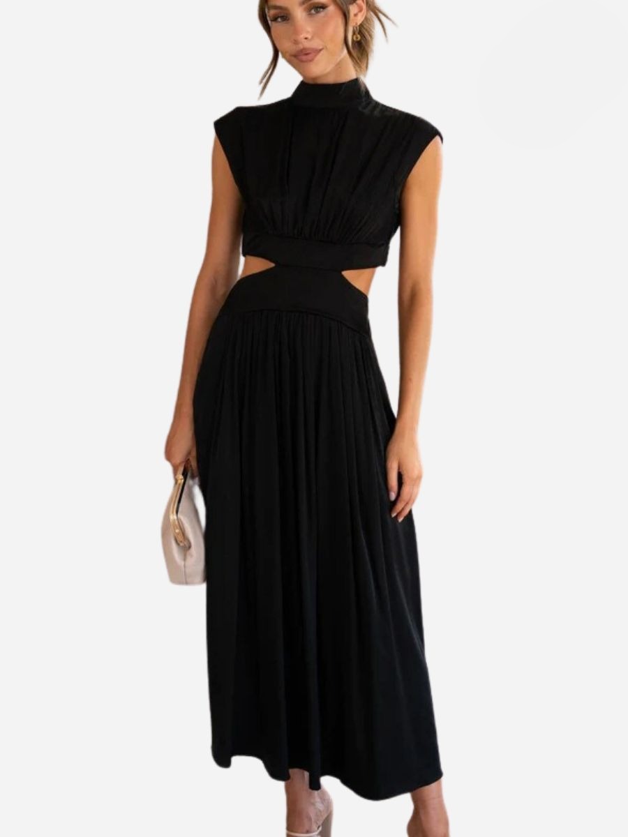Mock Neck Sleeveless Side Cut Out Pleated A-Line Maxi Dress