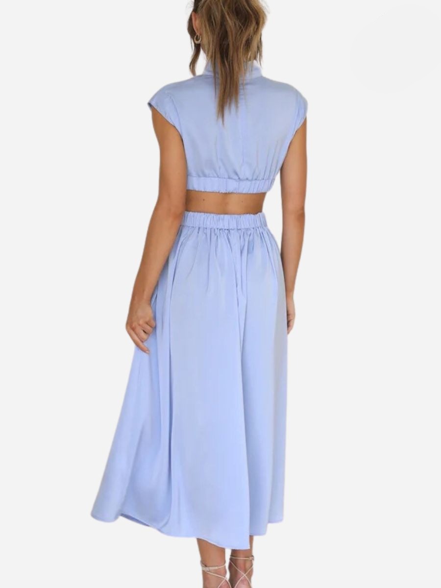 Mock Neck Sleeveless Side Cut Out Pleated A-Line Maxi Dress
