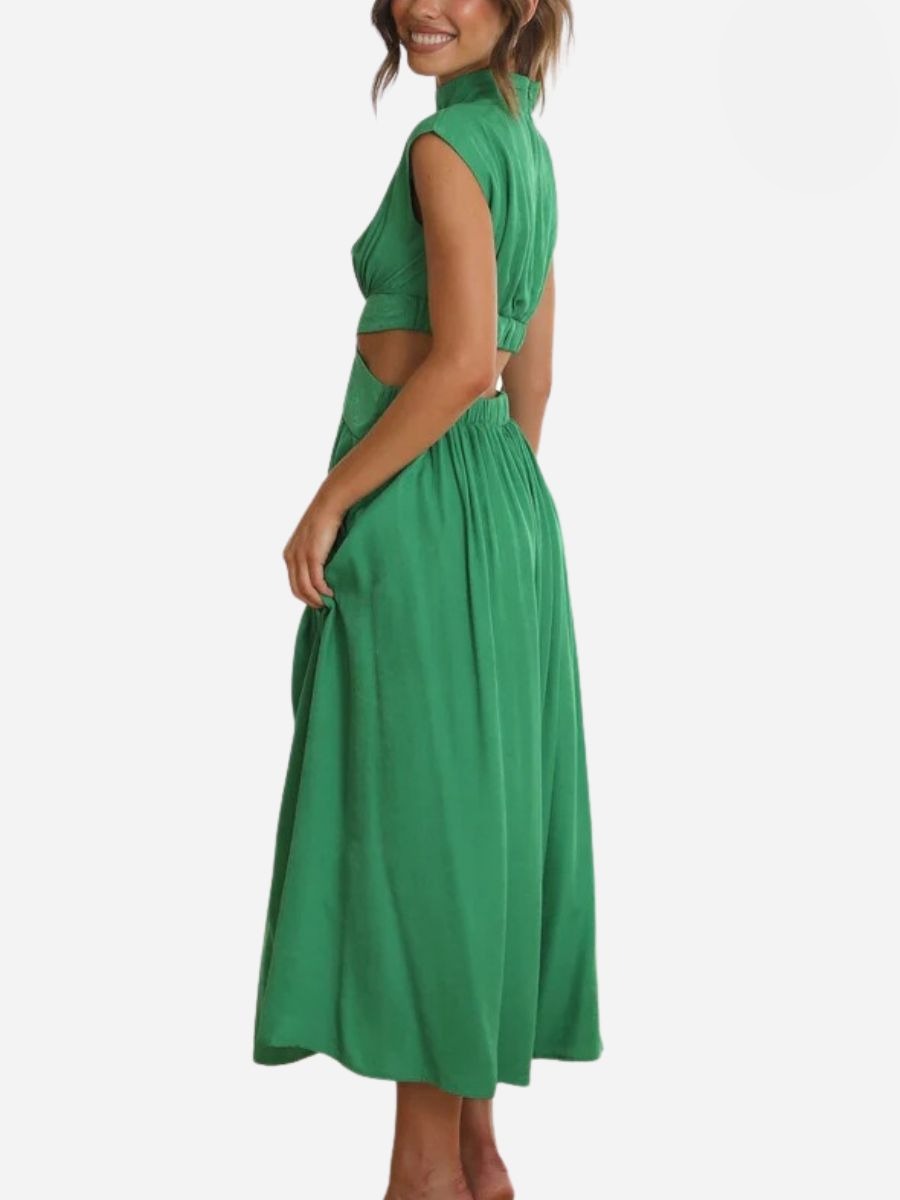 Mock Neck Sleeveless Side Cut Out Pleated A-Line Maxi Dress