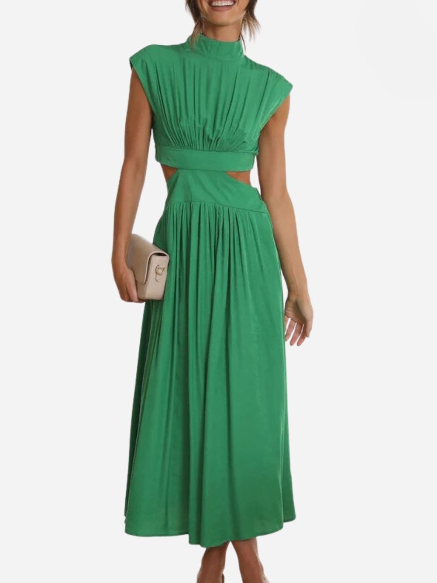 Mock Neck Sleeveless Side Cut Out Pleated A-Line Maxi Dress