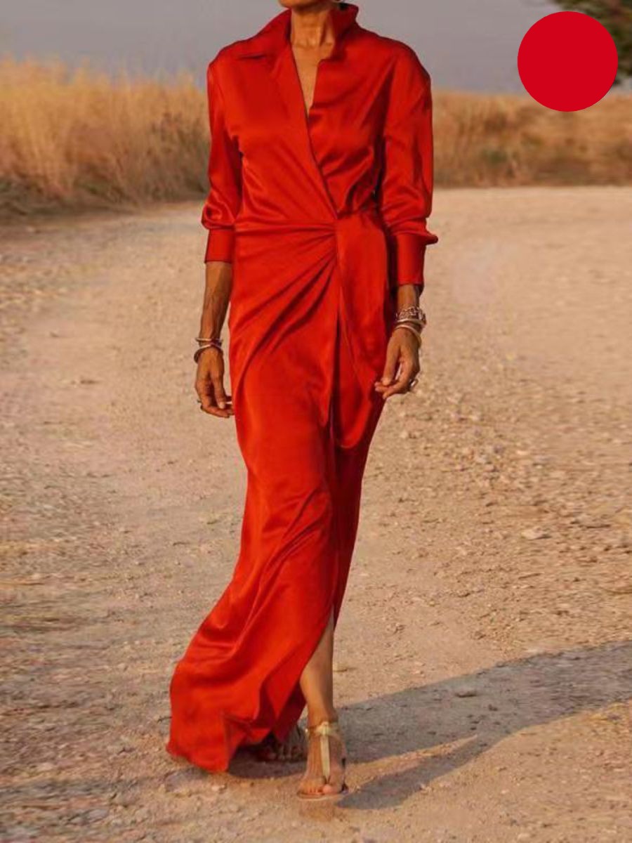 Flora Minimalist Office Lapel V Neck Maxi Dress Boutique Collection