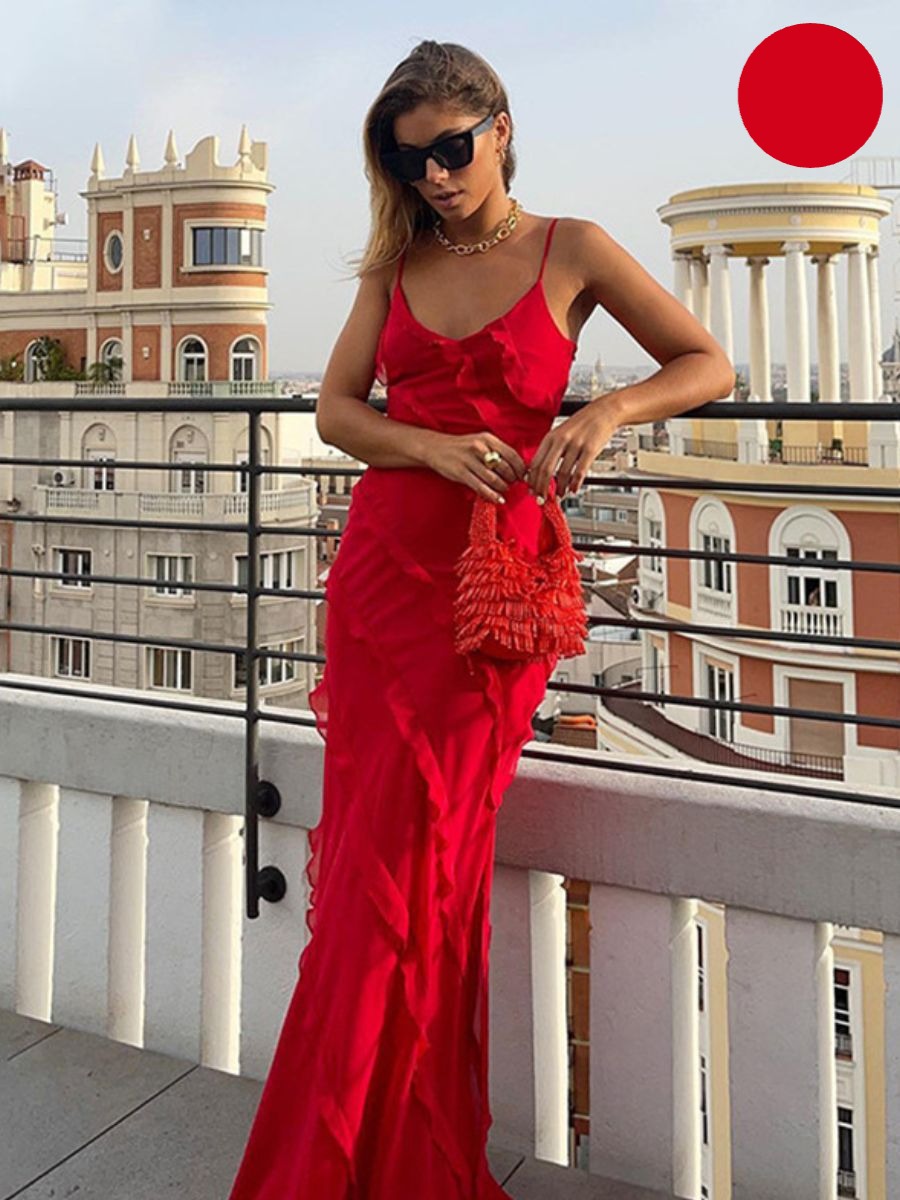 Spaghetti Strap V-Neck Cascade Ruffle Chiffon Maxi Dress