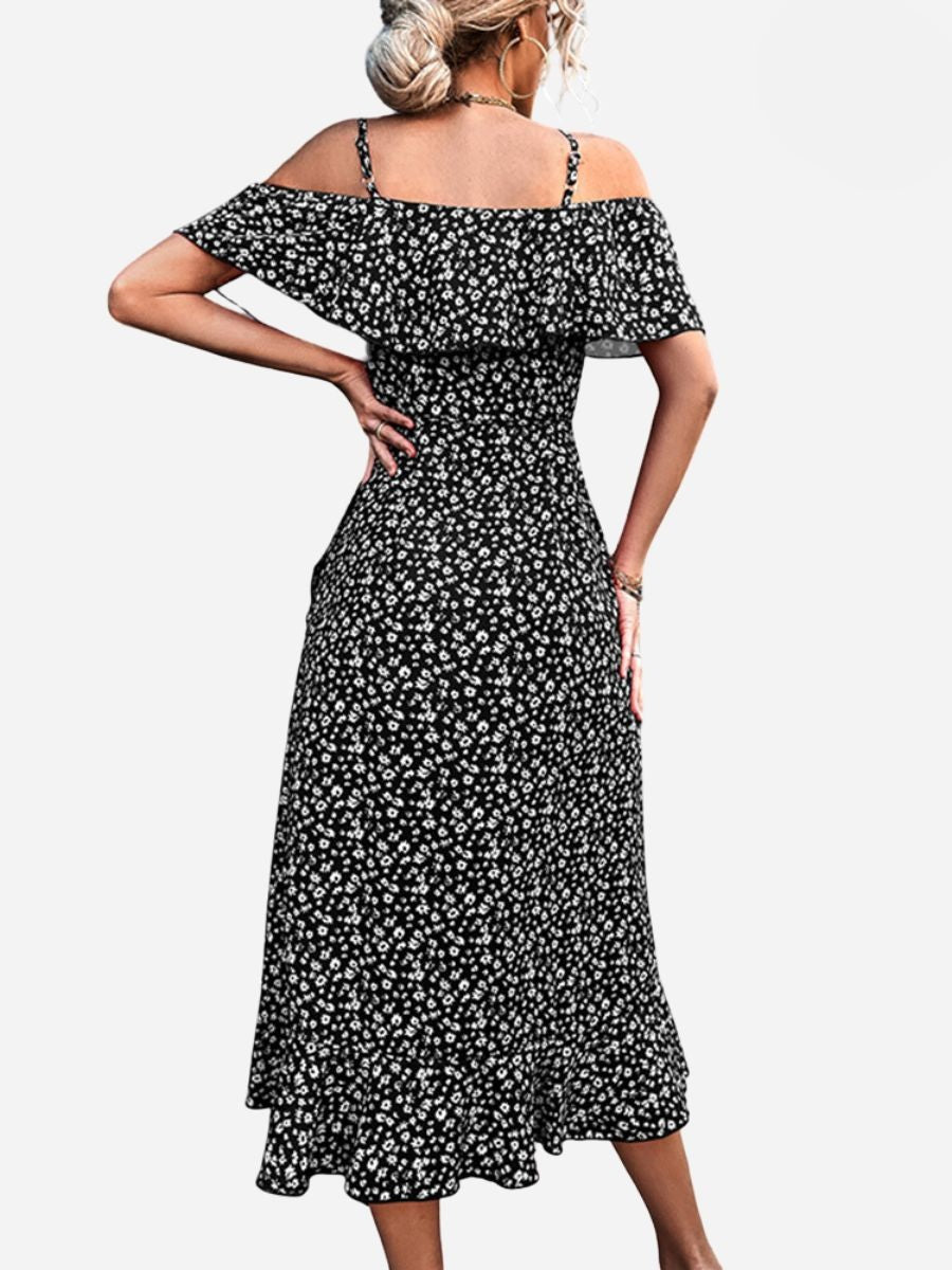 Floral Cold Shoulder Ruffle Spaghetti Strap Wrap Midi Dress