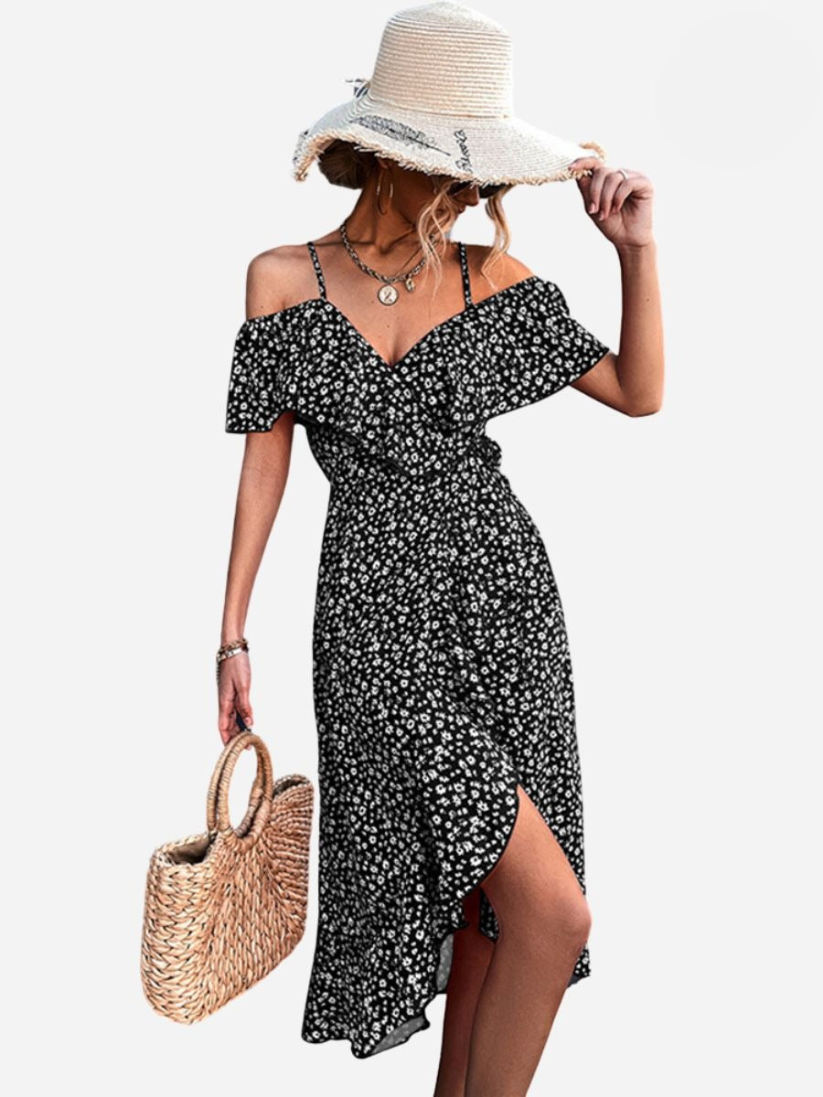 Floral Cold Shoulder Ruffle Spaghetti Strap Wrap Midi Dress