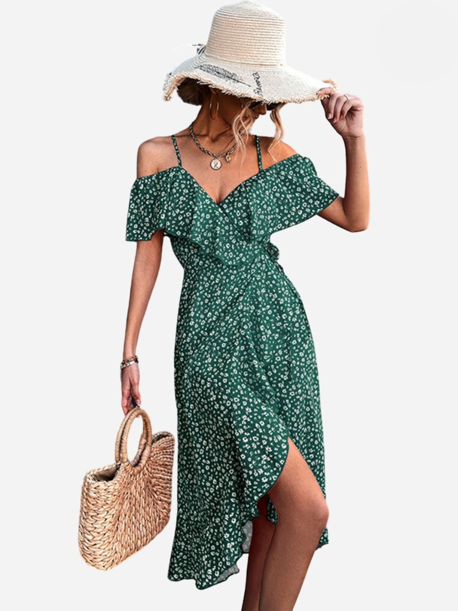 Floral Cold Shoulder Ruffle Spaghetti Strap Wrap Midi Dress
