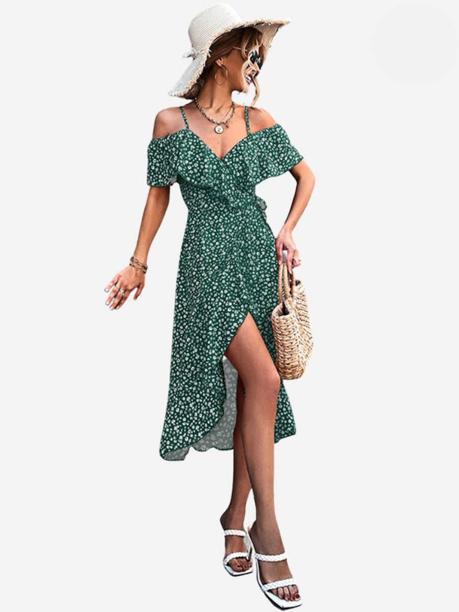 Floral Cold Shoulder Ruffle Spaghetti Strap Wrap Midi Dress