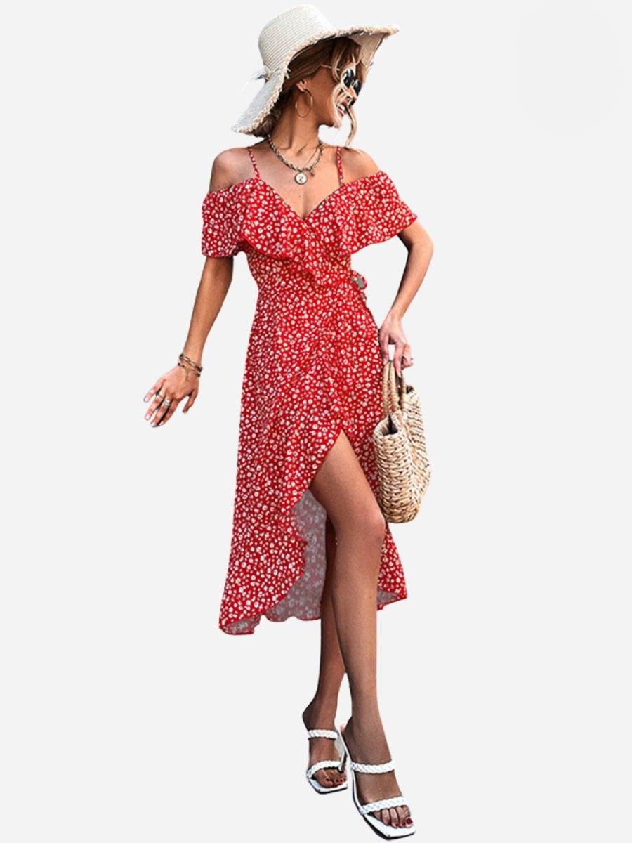 Floral Cold Shoulder Ruffle Spaghetti Strap Wrap Midi Dress