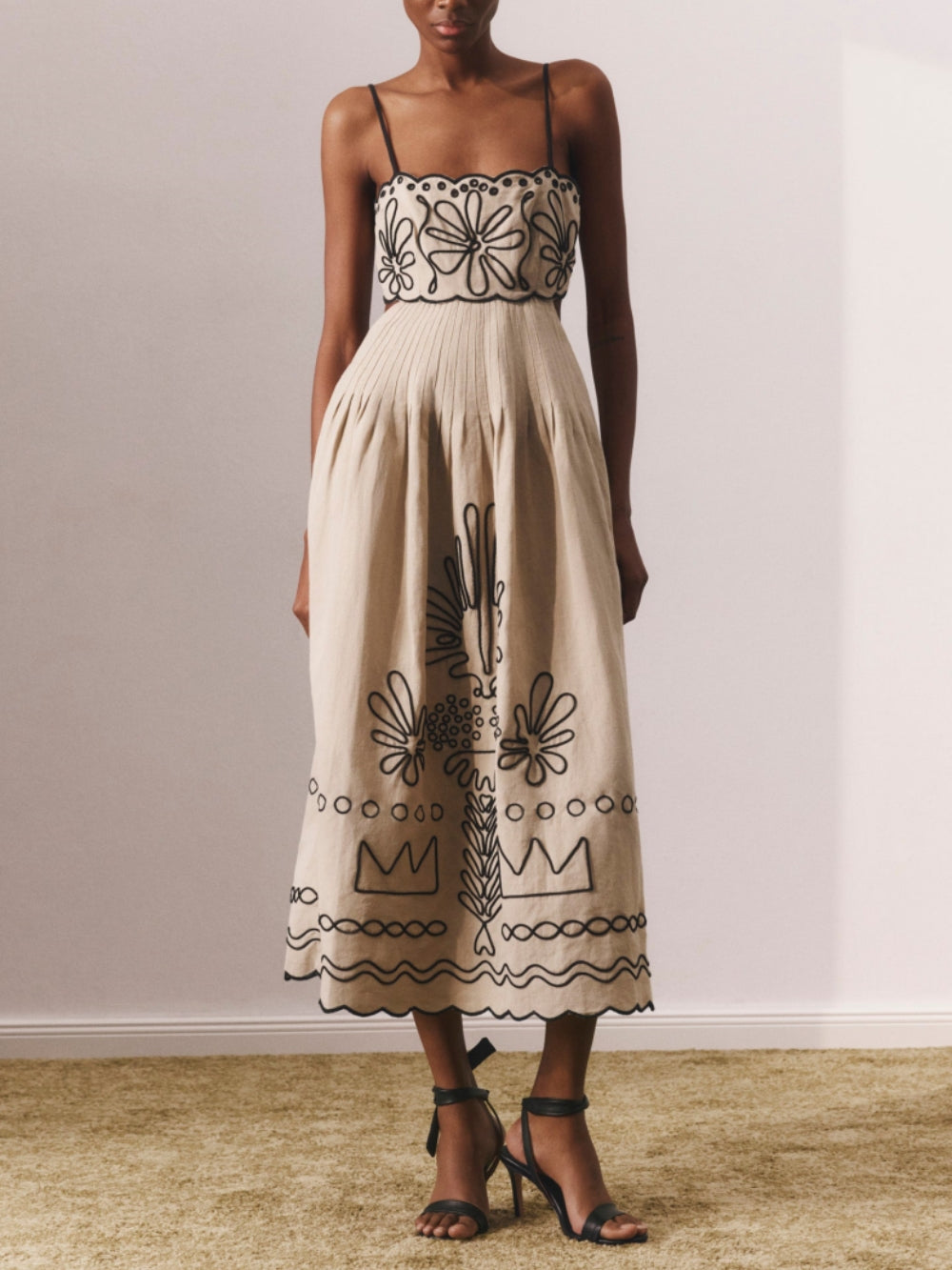 Summer Print Strap Midi Dress Khaki