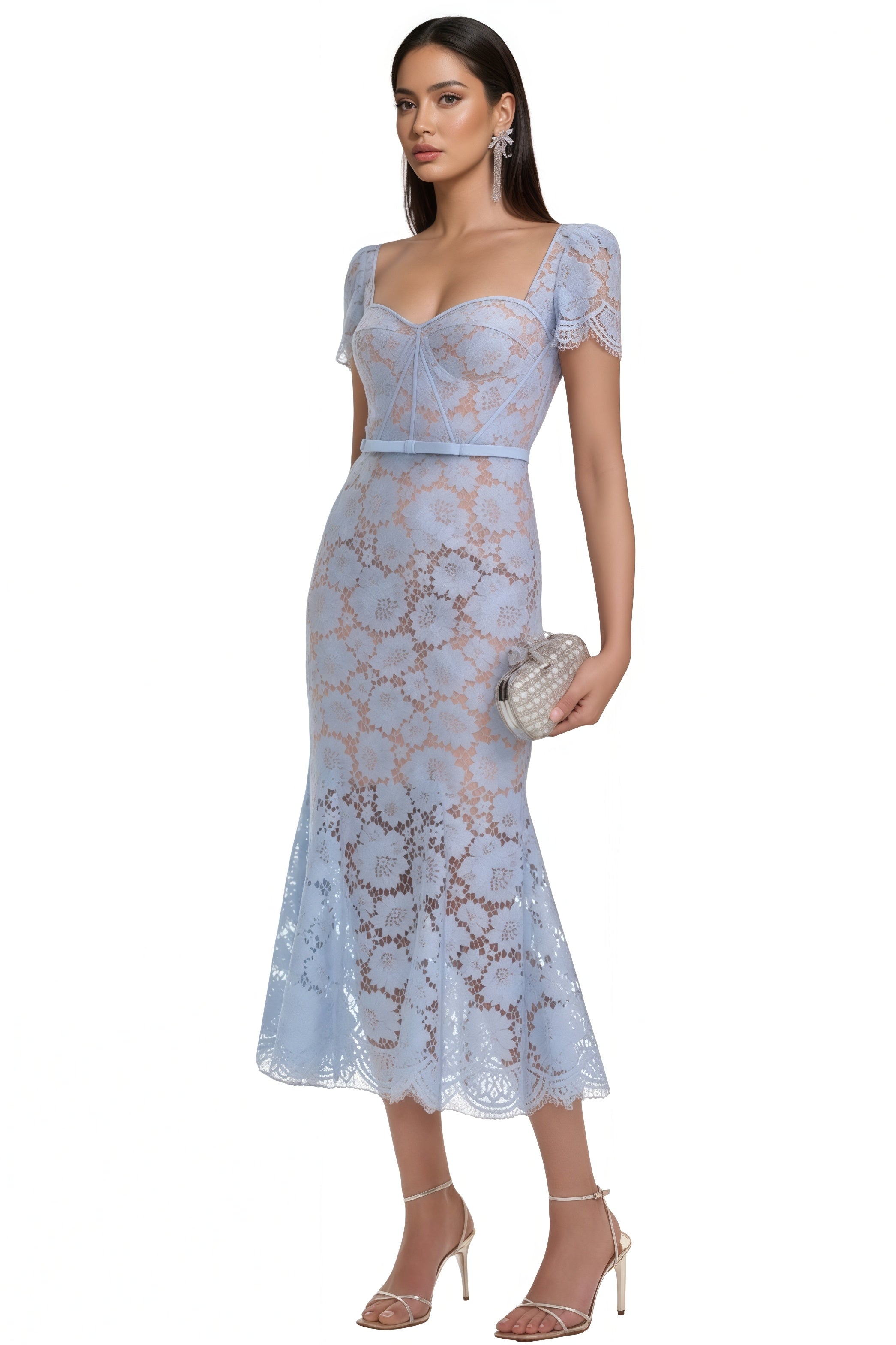 Xanea Square Neck Blue Lace Midi Dress - View 2