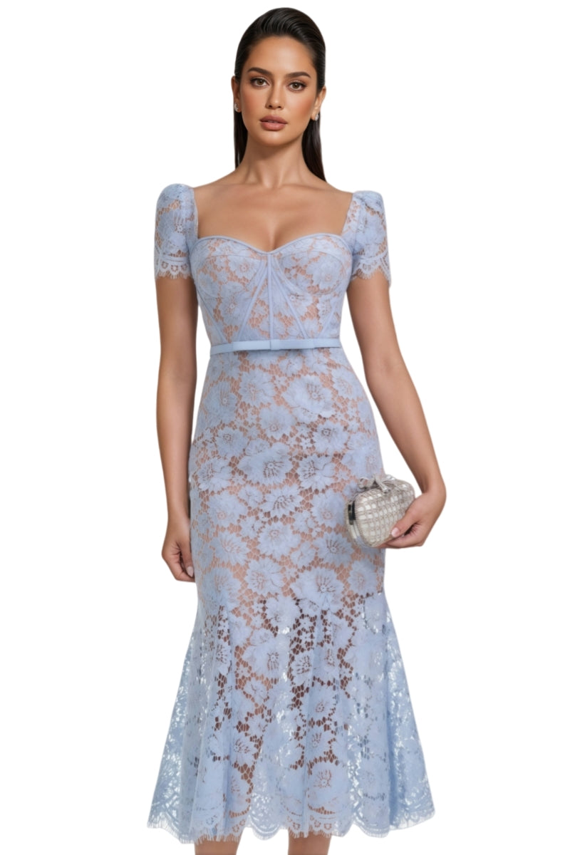Xanea Square Neck Blue Lace Midi Dress - View 3