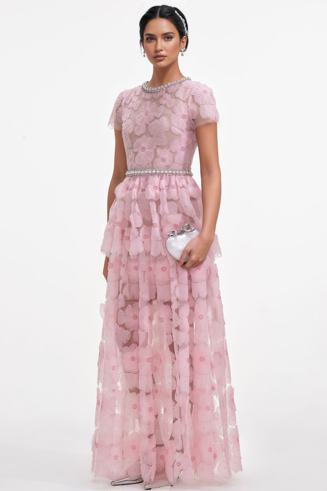 Oriel Pink Embellished Tulle Maxi Dress - View 2