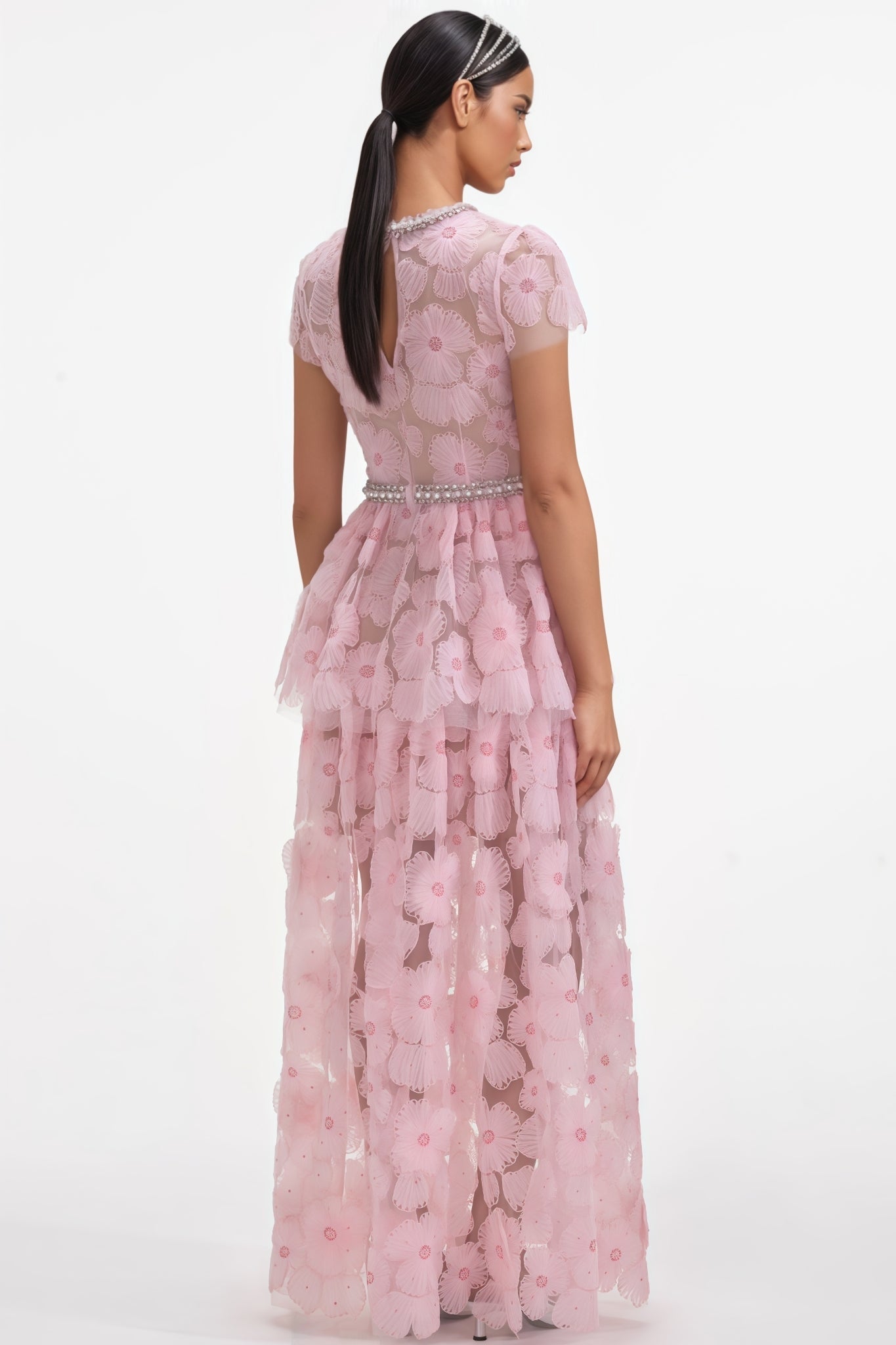 Oriel Pink Embellished Tulle Maxi Dress - View 3