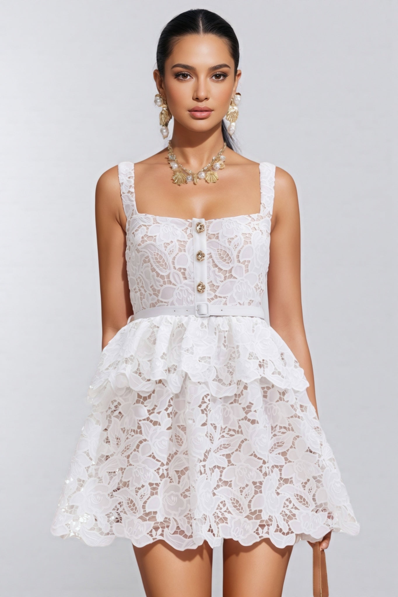 Arlena White Lace Tiered Mini Dress - View 3