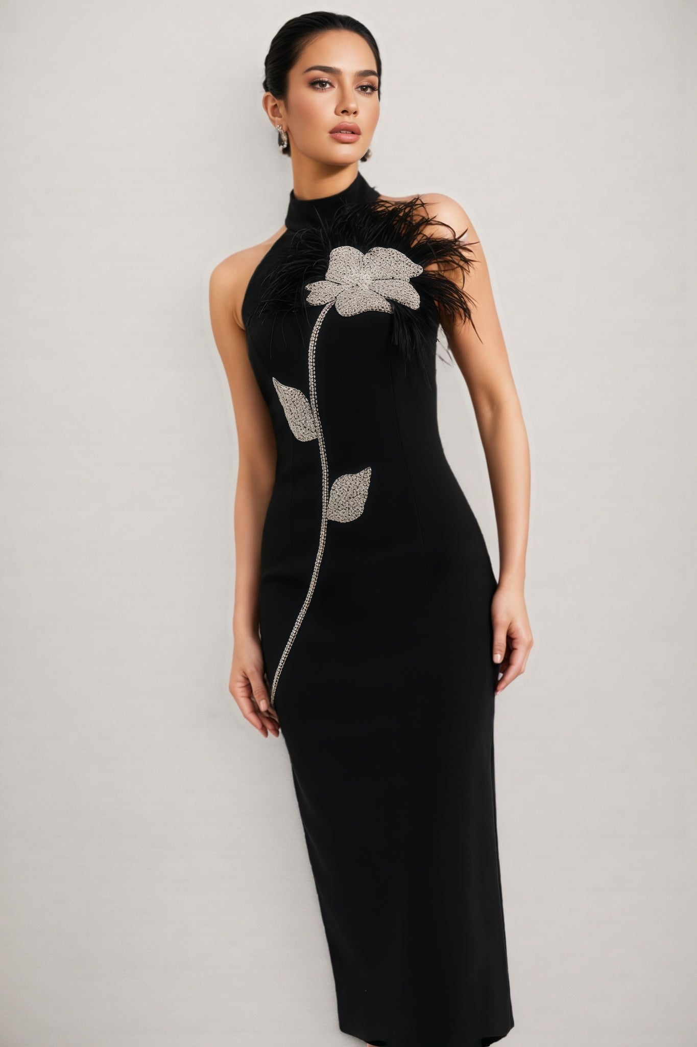 Bandeau 3D Floral Feather Midi Dress