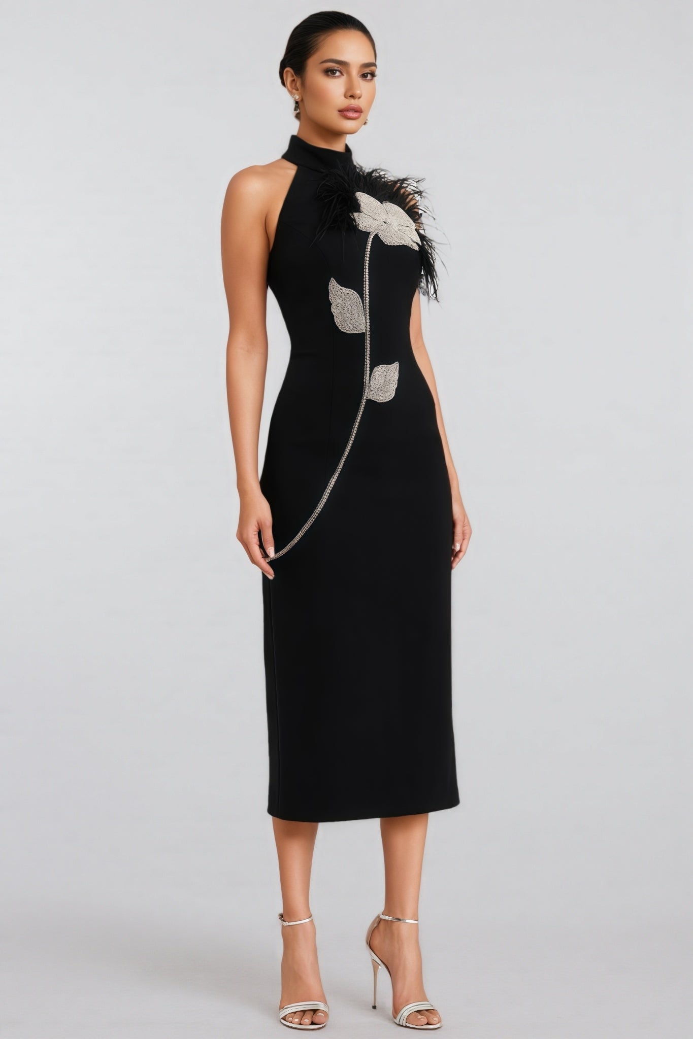 Bandeau 3D Floral Feather Midi Dress