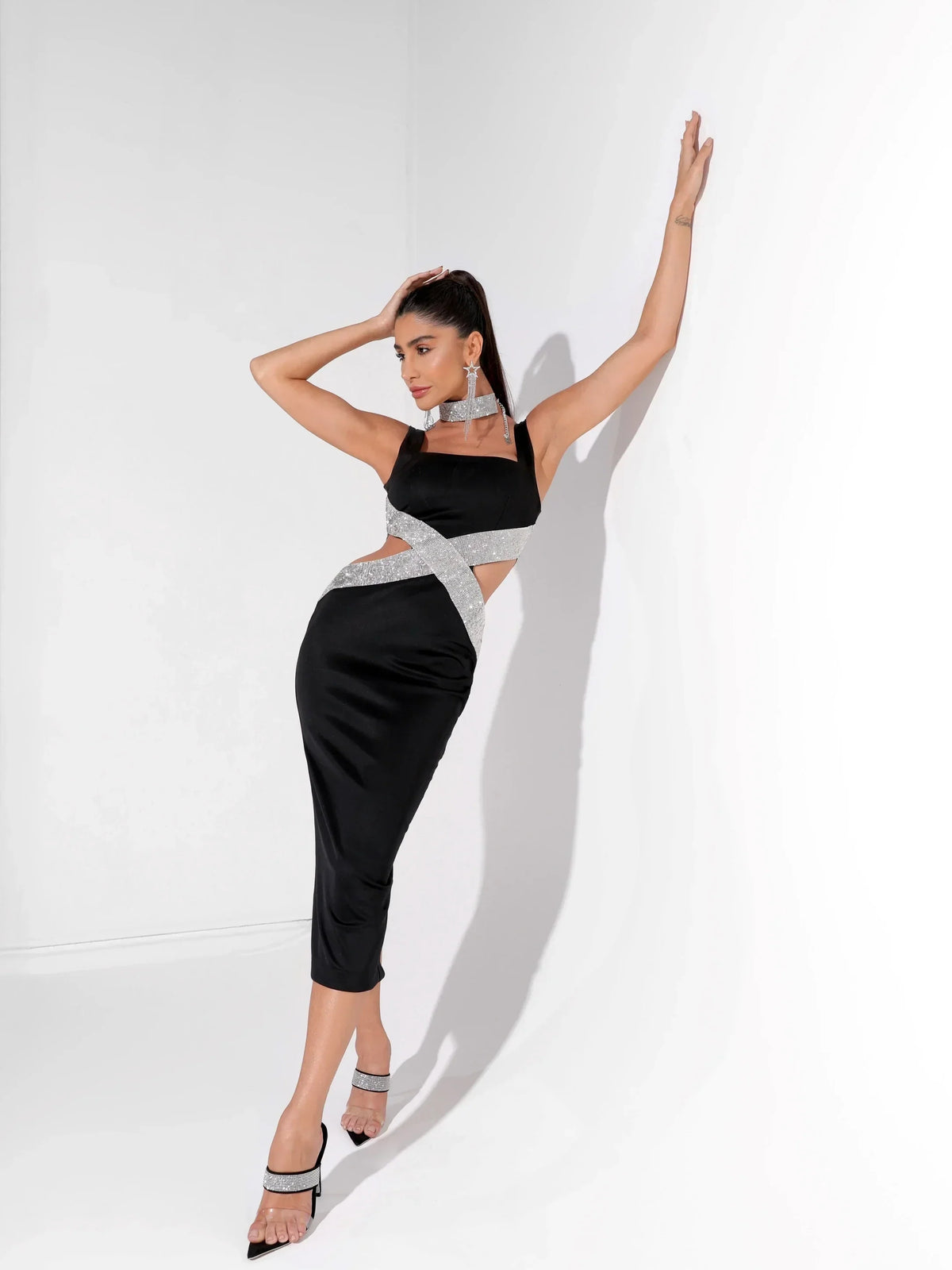 Square Neck Sleeveless Rhinestone Cross Band Cut Out Bodycon Midi Dress 2
