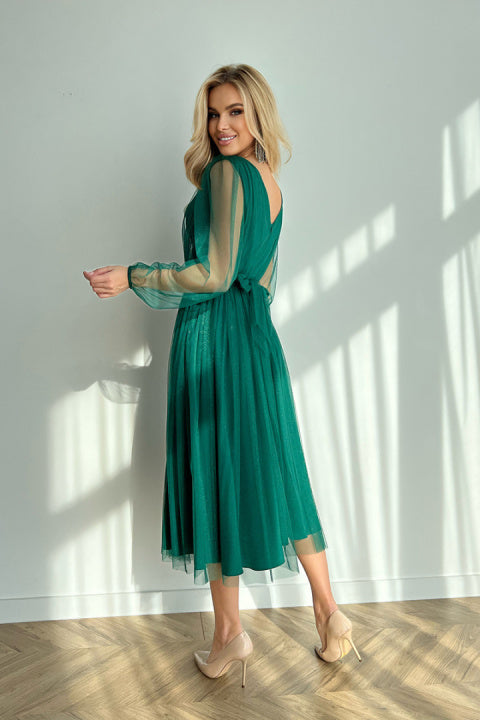 Tulle Long Sleeve V Back A-Line Maxi Dress