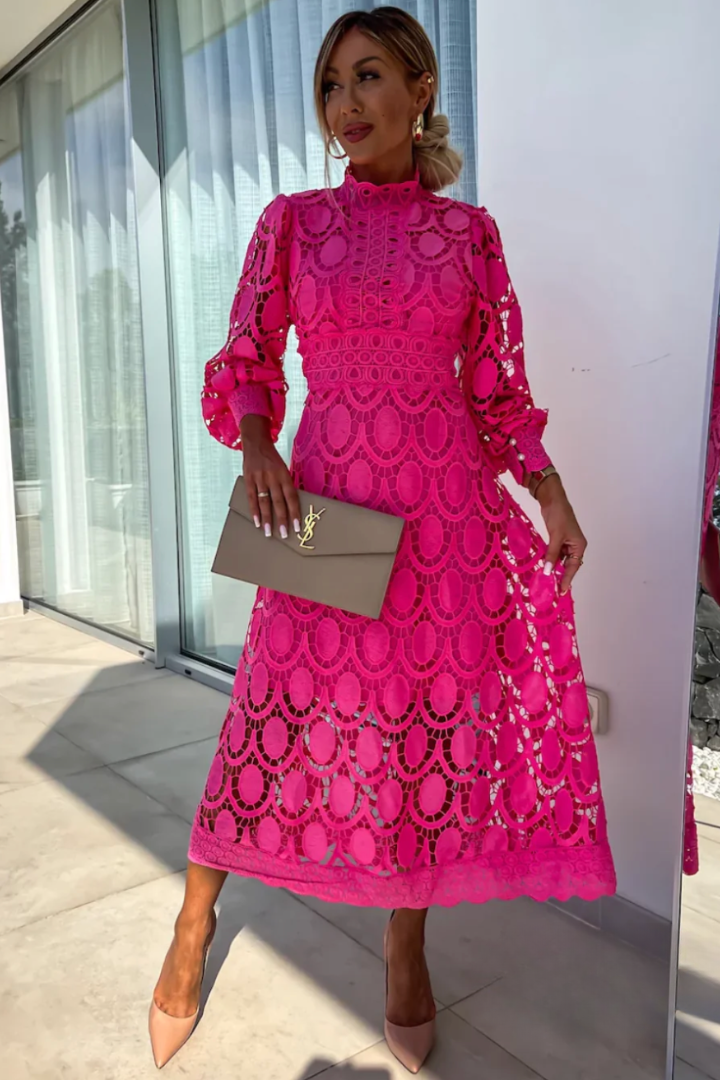 Lace High Neck Long Sleeve Midi Dress 5