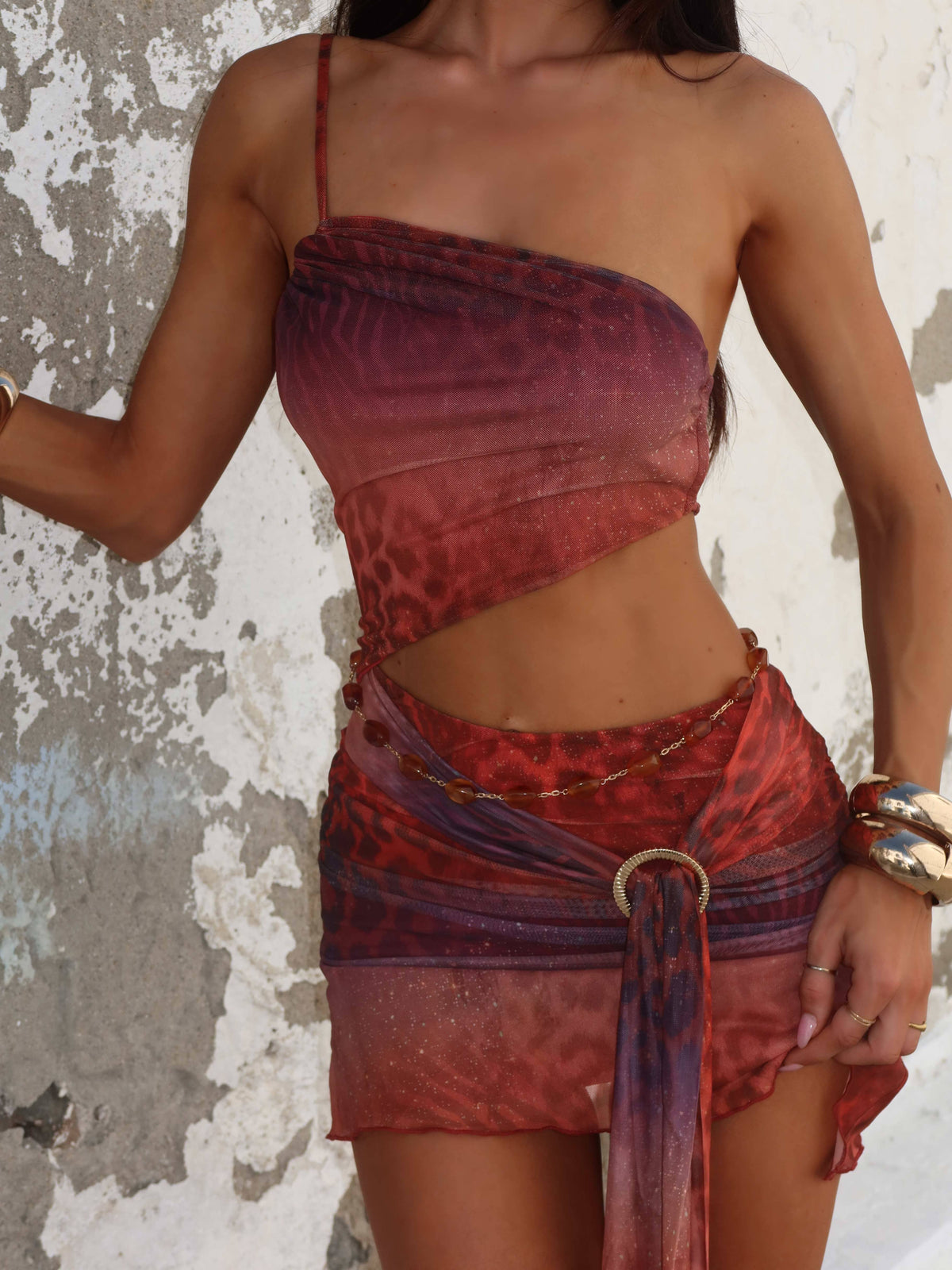 Leopard Print Mesh Asymmetric Crop Top and Ring Wrap Skirt Two Piece Set 2