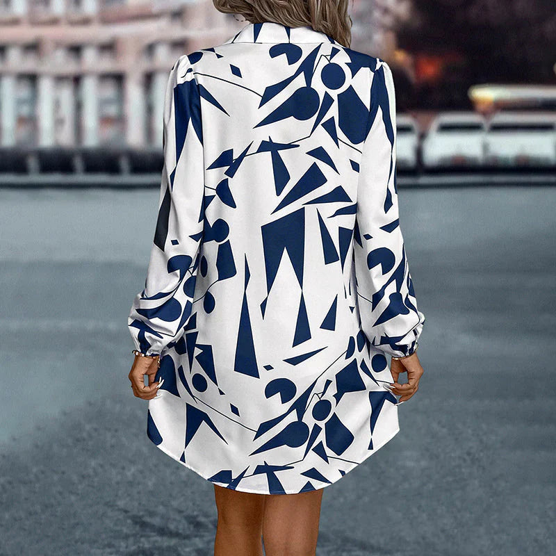 Abstract Print Long Sleeve Button Down Collar Mini Shirt Dress