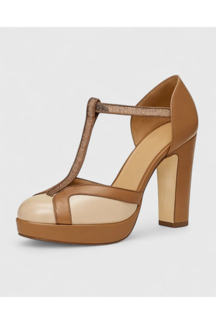 Closed Toe T-Strap Platform Block Heel Pumps
