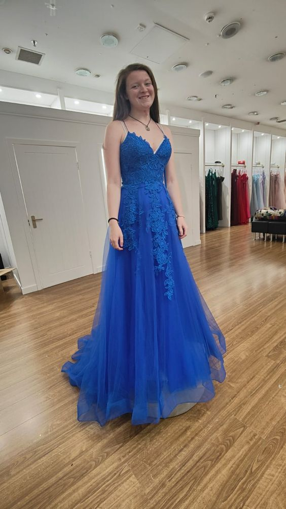 Blue Tulle Lace Long Prom Dress, V-Neck Formal Evening Dress cc1023