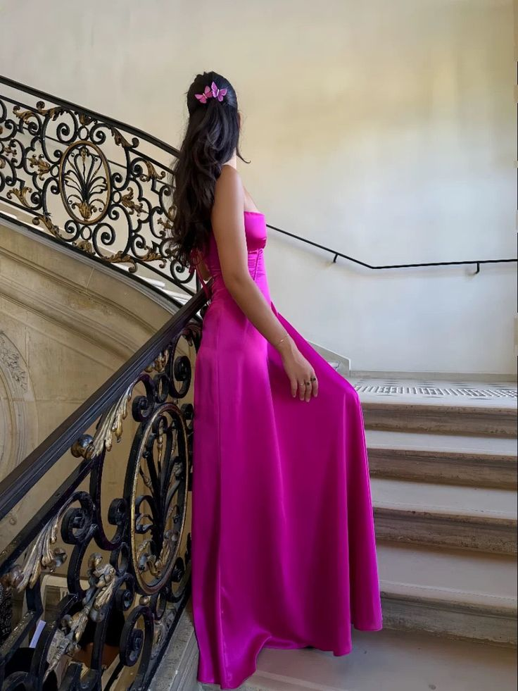 Charming Hot Pink Straps Satin A Line Long Evening Dress Party Dress cc1876