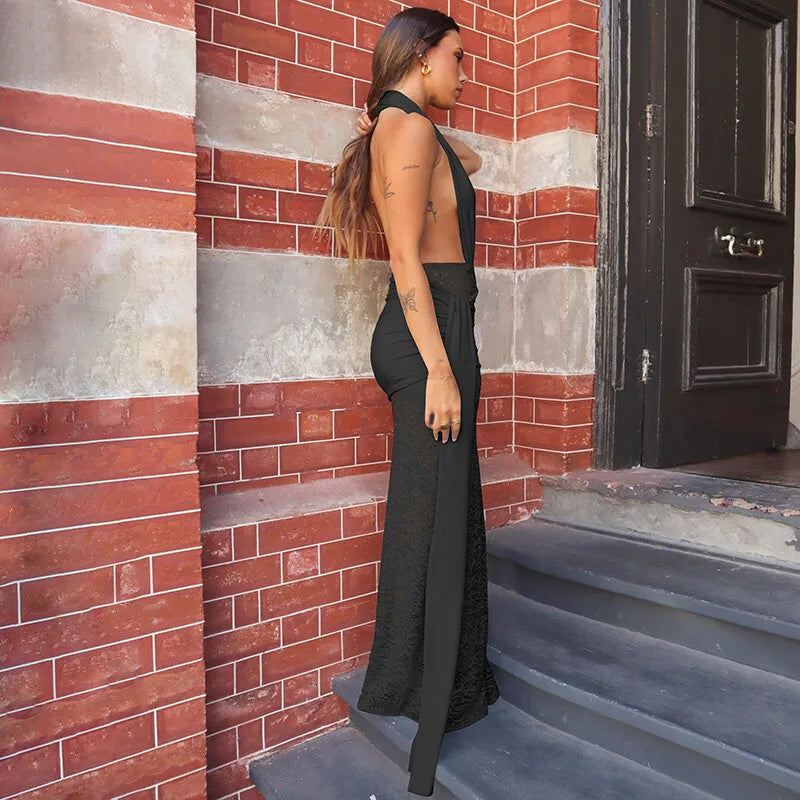 Halter Neck Deep V-Neck Draped Waist Lace Skirt Maxi Gown 12