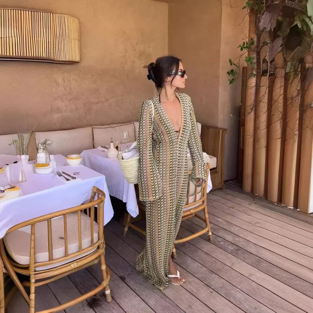 Crochet Deep V-Neck Bell Sleeve Scalloped Knit Maxi Dress