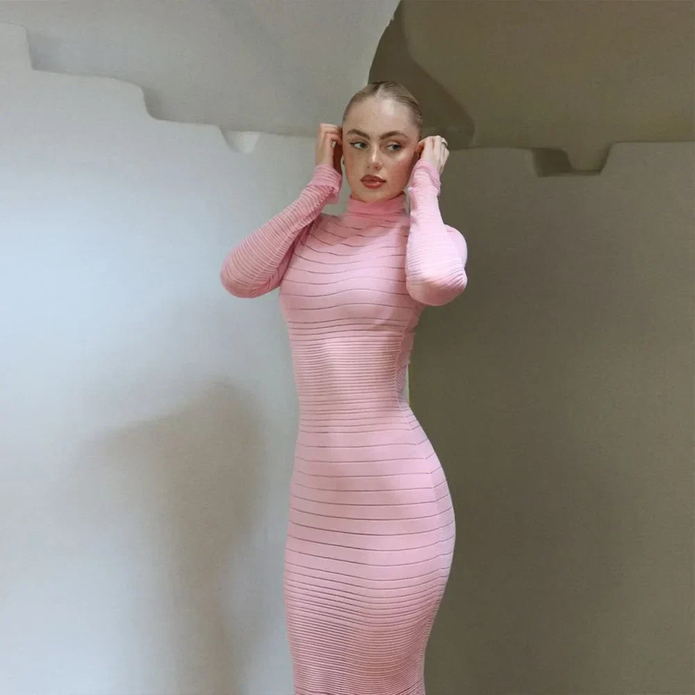 Striped Knitted Half High Collar Dress