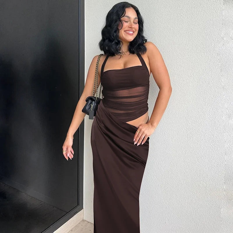 Mesh Halter Neck Backless Ruched Bodycon Maxi Dress