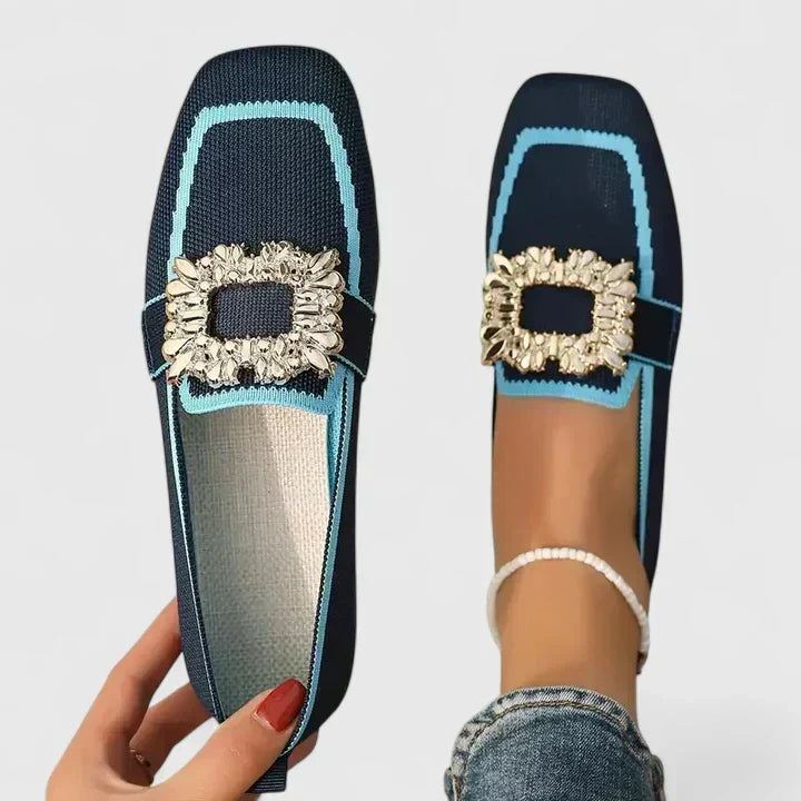 Round Toe Crystal Buckle Knit Flat Loafers