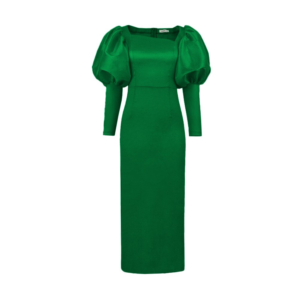 Satin Square Neck Puff Sleeve Bodycon Maxi Dress - View 13