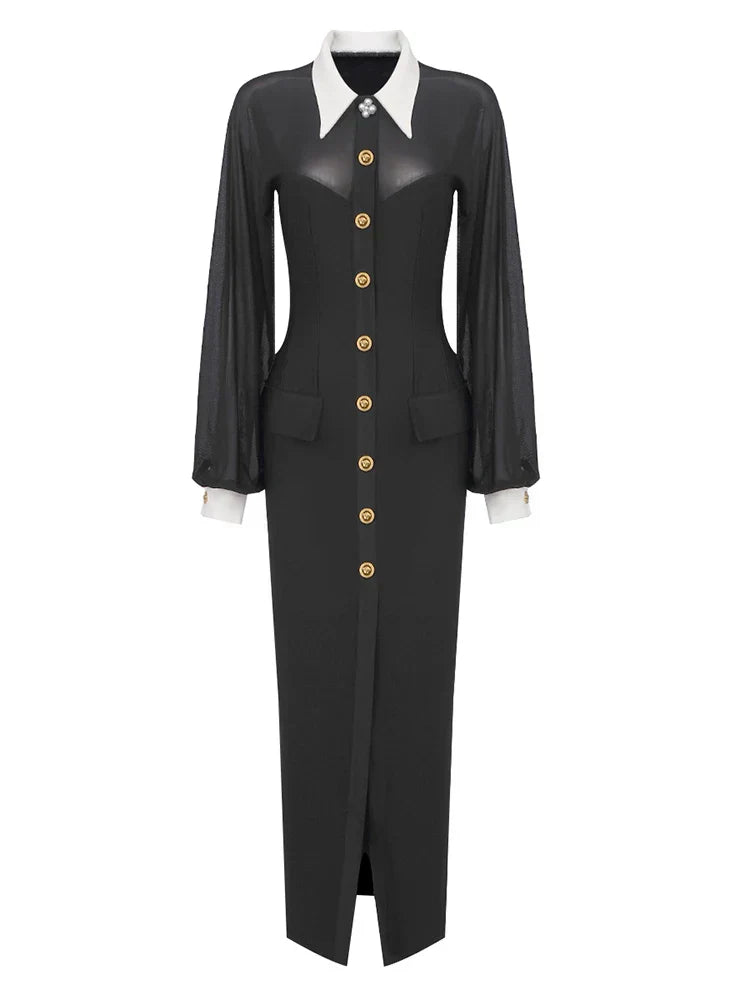 Mesh Long Sleeve Collared Button Front High Split Maxi Gown