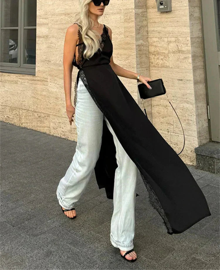 Lace Trim V-Neck Sleeveless High Split Slip Maxi Dress 7