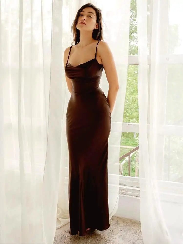 Satin Ruched Strap Maxi Elegant Silk Dress - View 2