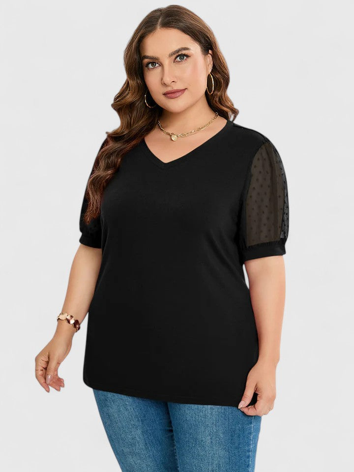 V-Neck Swiss Dot Mesh Puff Short Sleeve Top