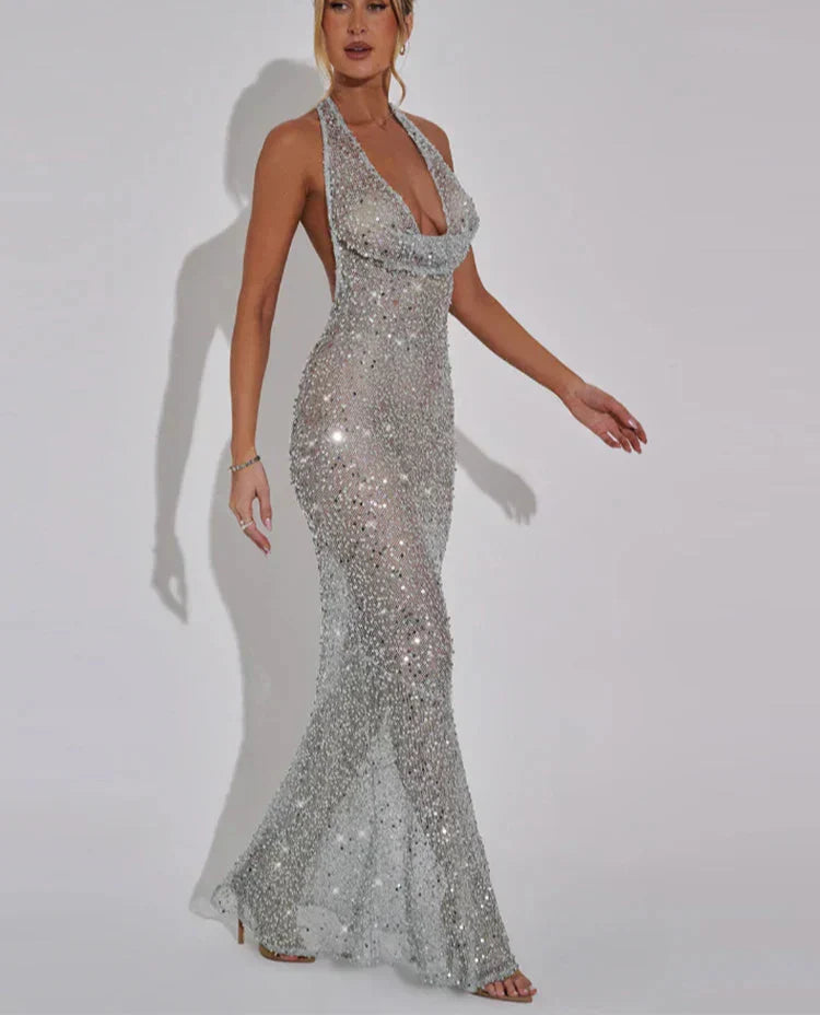 Sequin Halter Neck Deep V-Neck Backless Mermaid Maxi Dress